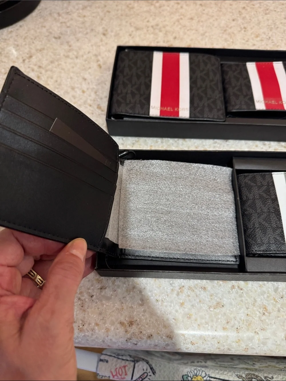 Michael Kors Men's Black MK Monogram Wallet Set with Red & Gray Center Stripes